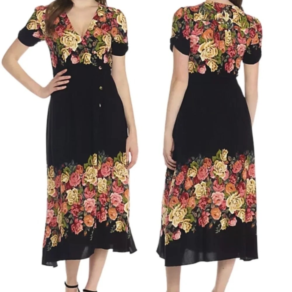 Free People Jamie Floral Midi Dress Black Women's XS